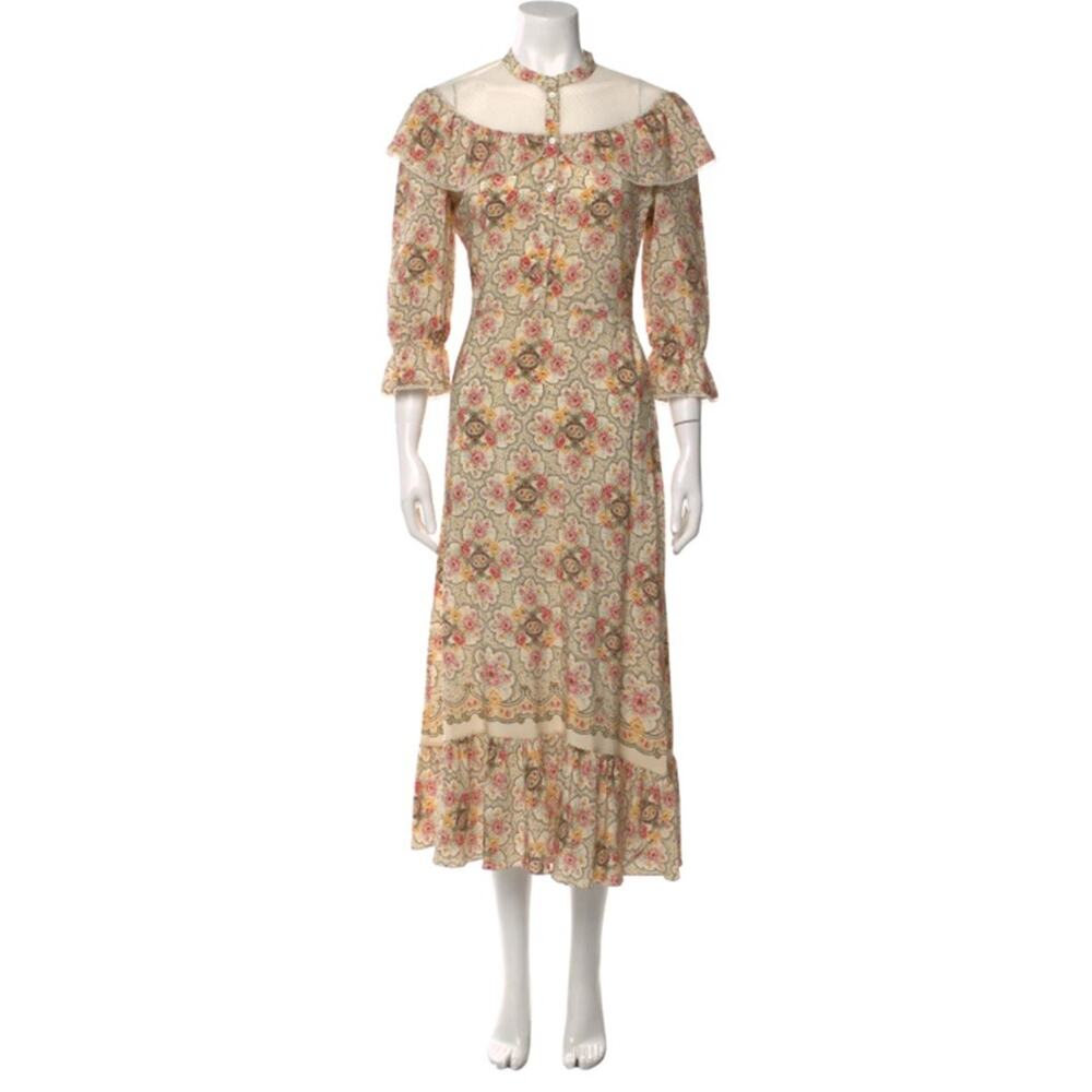 Vilshenko Silk Long Dress Lace Button Front Half Sleeves Prairie Ethereal Sz 10